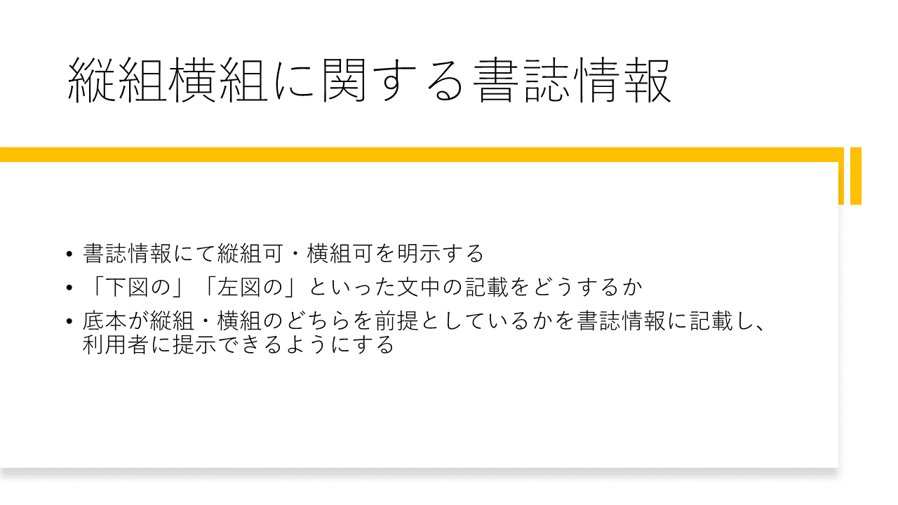 縦組横組に関する書誌情報
	・書誌情報にて縦組可・横組可を明示する
	・「下図の」「左図の」といった文中の記載をどうするか
	・底本が縦組・横組のどちらを前提としているかを書誌情報に記載し、利用者に提示できるようにする
	