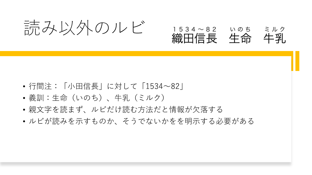 読み以外のルビ
	・行間注：「小田信長」に対して「1534〜82」
	・義訓：生命（いのち）、牛乳（ミルク）
	・親文字を読まず、ルビだけ読む方法だと情報が欠落する
	・ルビが読みを示すものか、そうでないかをを明示する必要がある
	